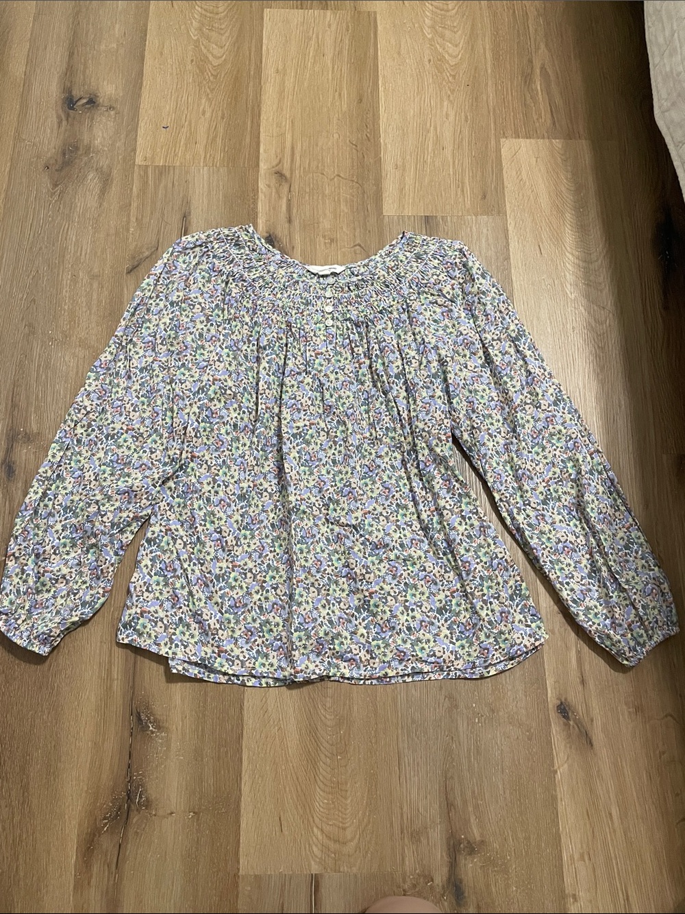 Lucky Brand Floral Smocked Neck Peasant Blouse